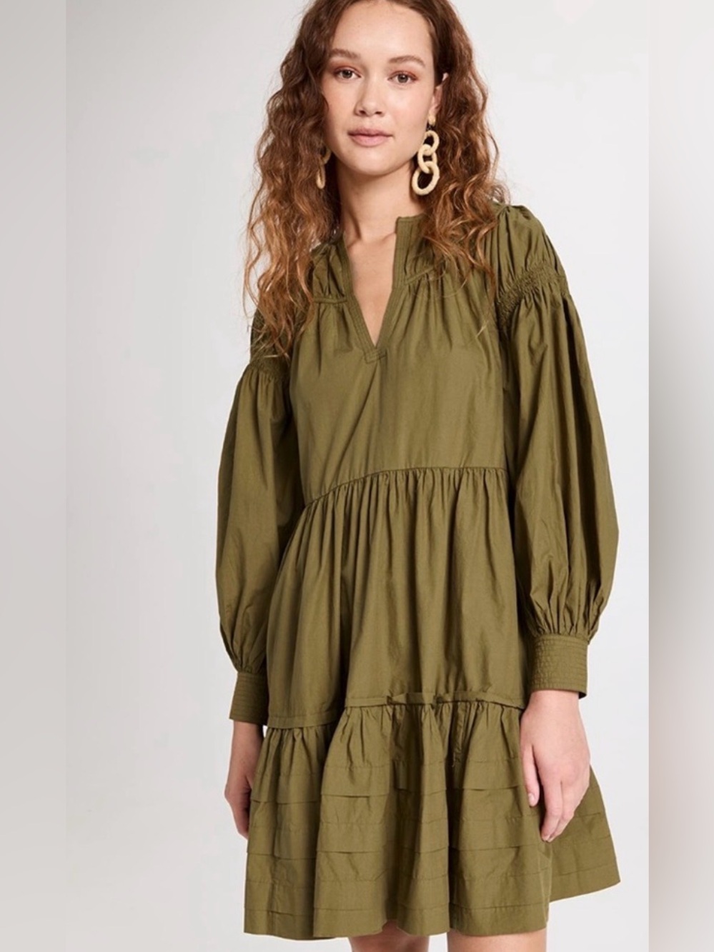 Ulla Johnson Rosa Olive Green Tiered Long Sleeve Dress